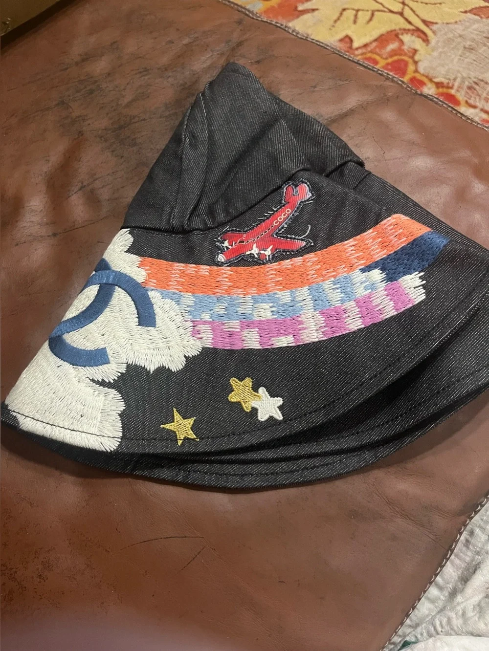 ChaneI Black Night Flight Embroidered Wide Brim Hat Rare HTF